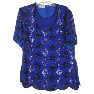 Vintage Sequins Scalloped Royal Blue 100% Silk Women's Top